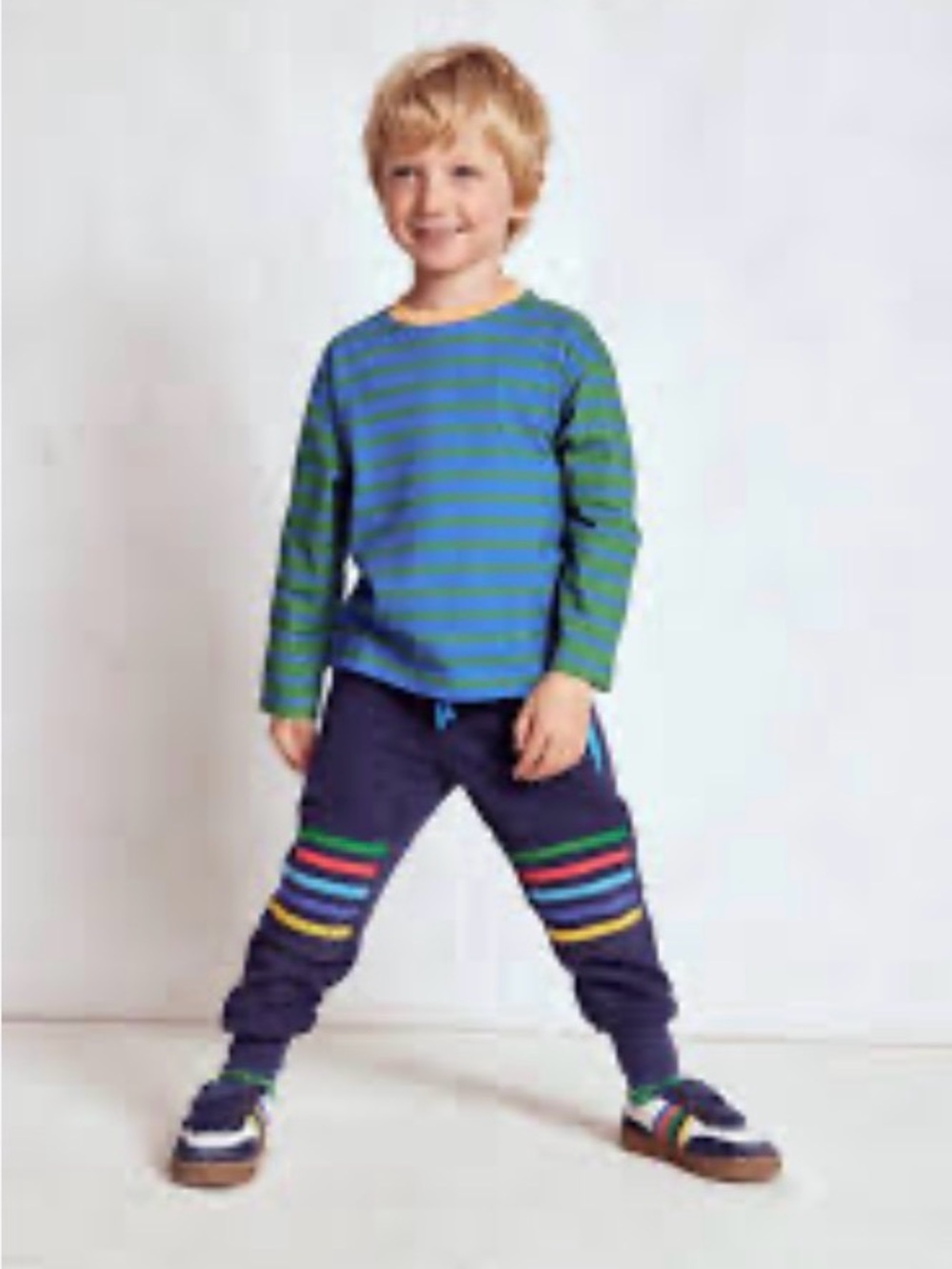 Mini Boden Green & Blue Striped Long-Sleeve Tee with Orange Neck